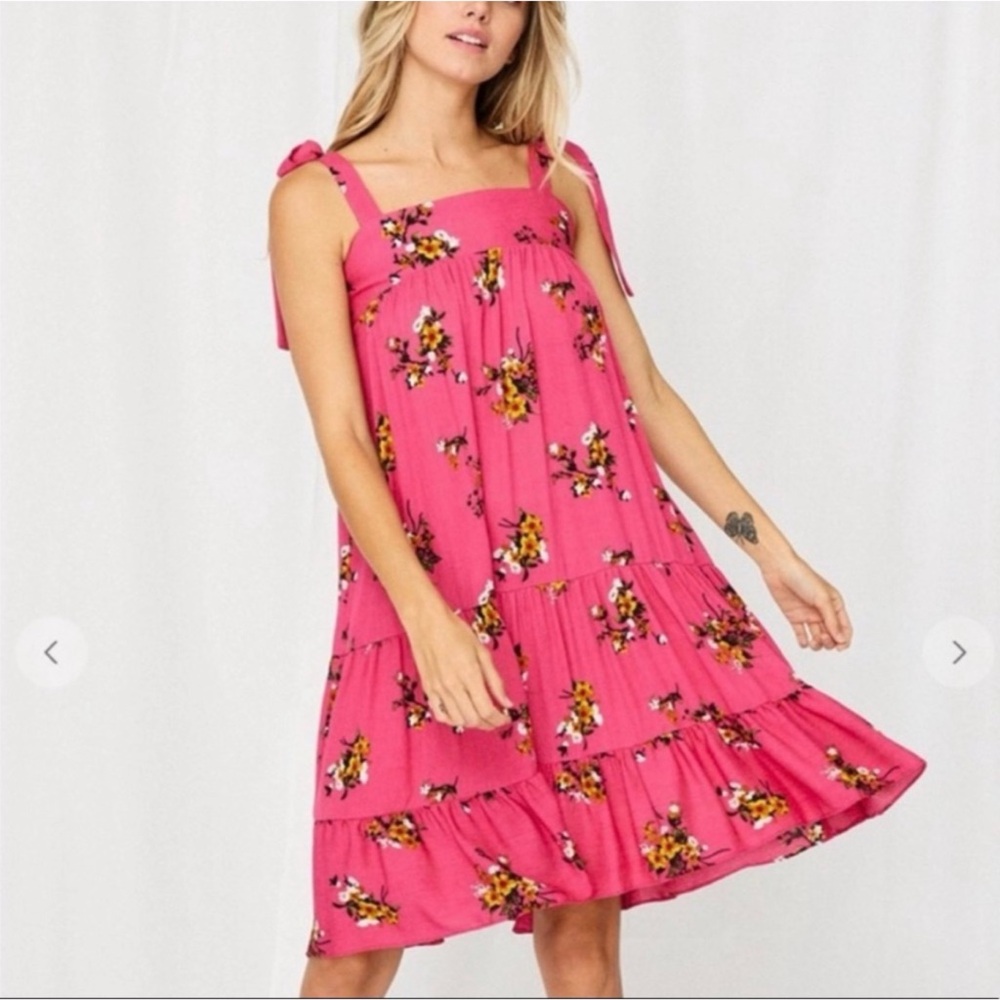 New! CES FEMME Boho Ruffle Tiered Self Tie Pink Tank Dress! - Picture 1 of 4